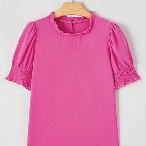Rose Solid Color Smocked Puff Sleeve Blouse